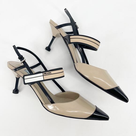 Prada Beige Black Leather Slingback Pointed Toe Mary Jane Cap Toe Heels IT 37 - Picture 5 of 15